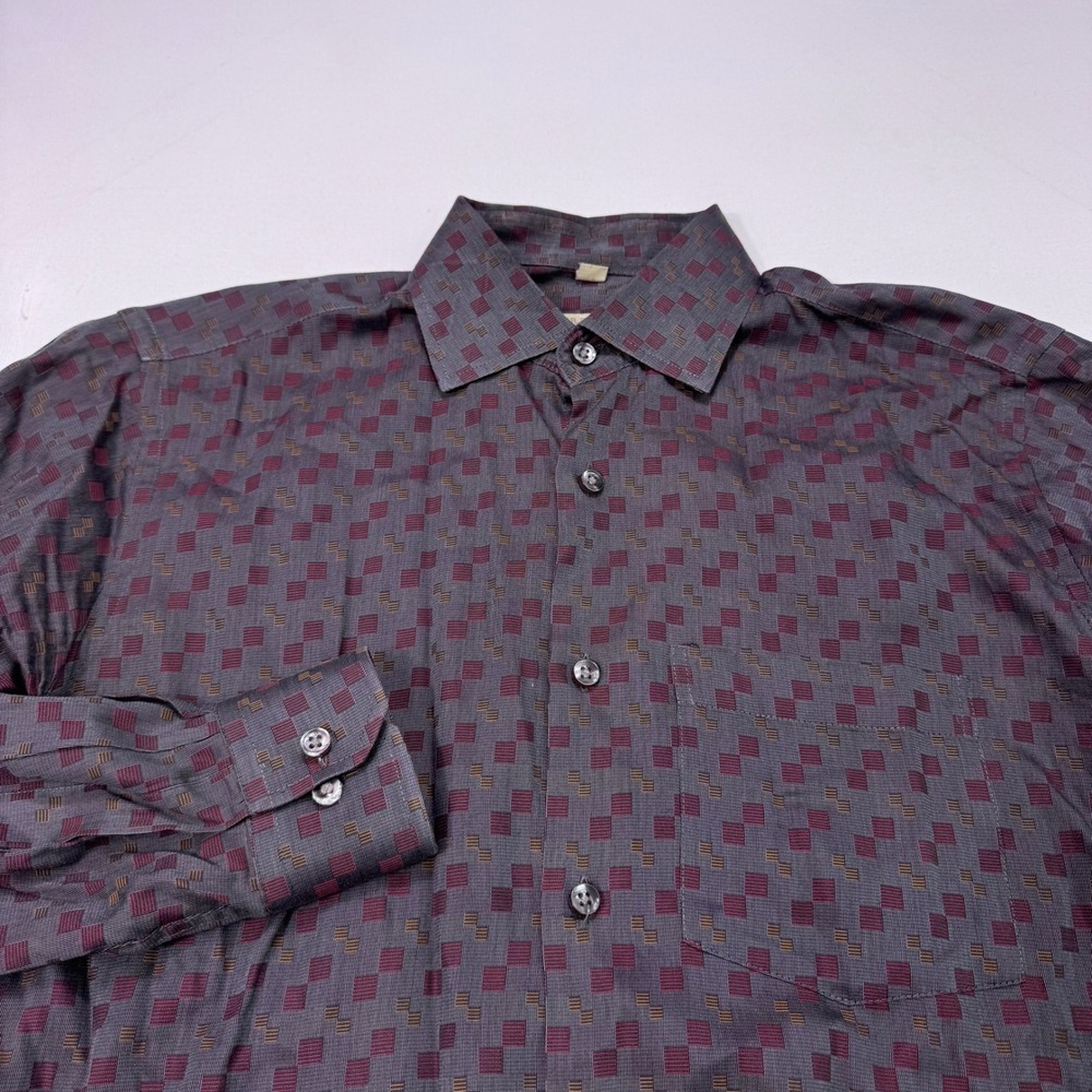 Burberry London Mens Medium Shirt Long Sleeve Cotton Geometric Plaid Gray Maroon